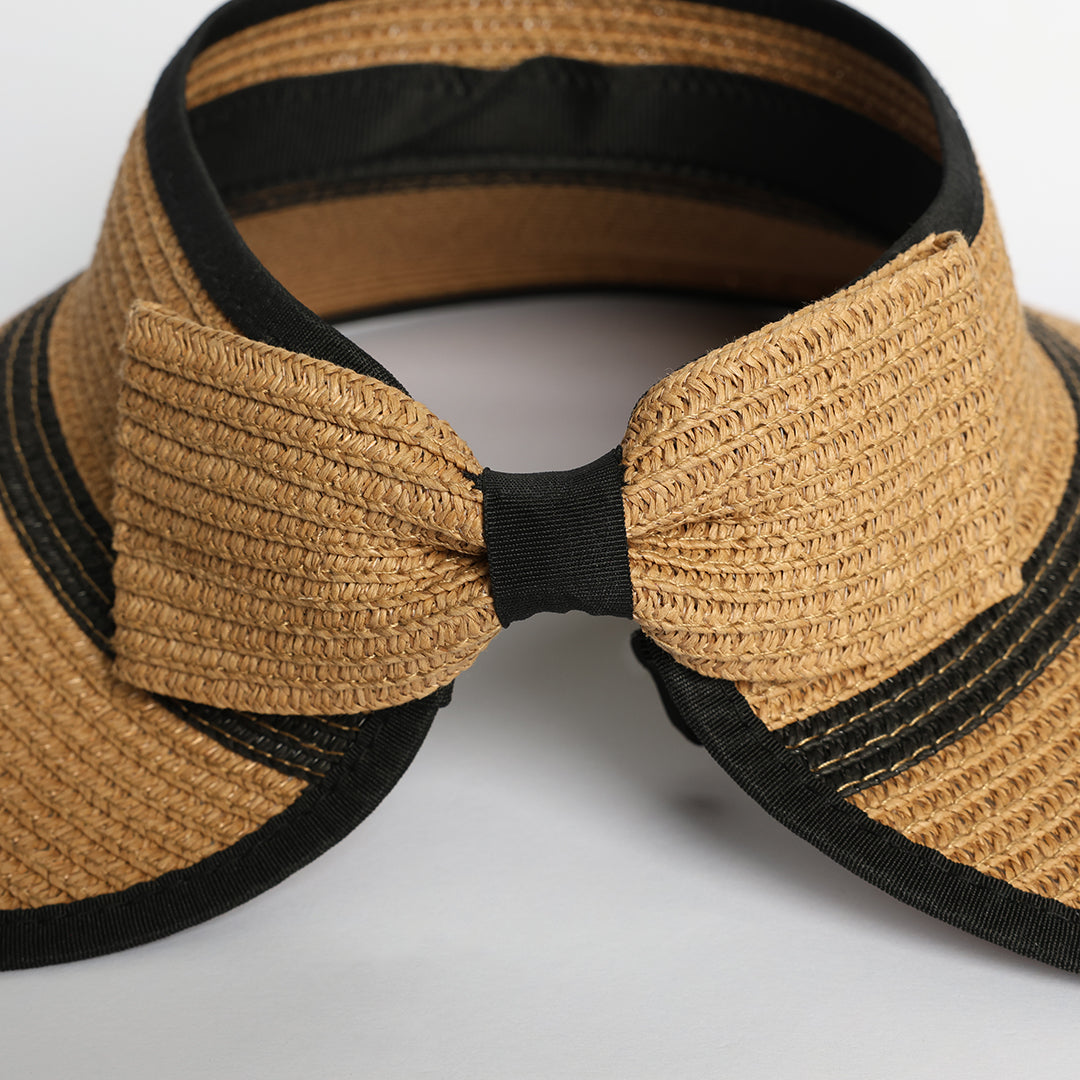Visor Straw Sun Hat.Black Stripe.Elastic Tie Up Detail.