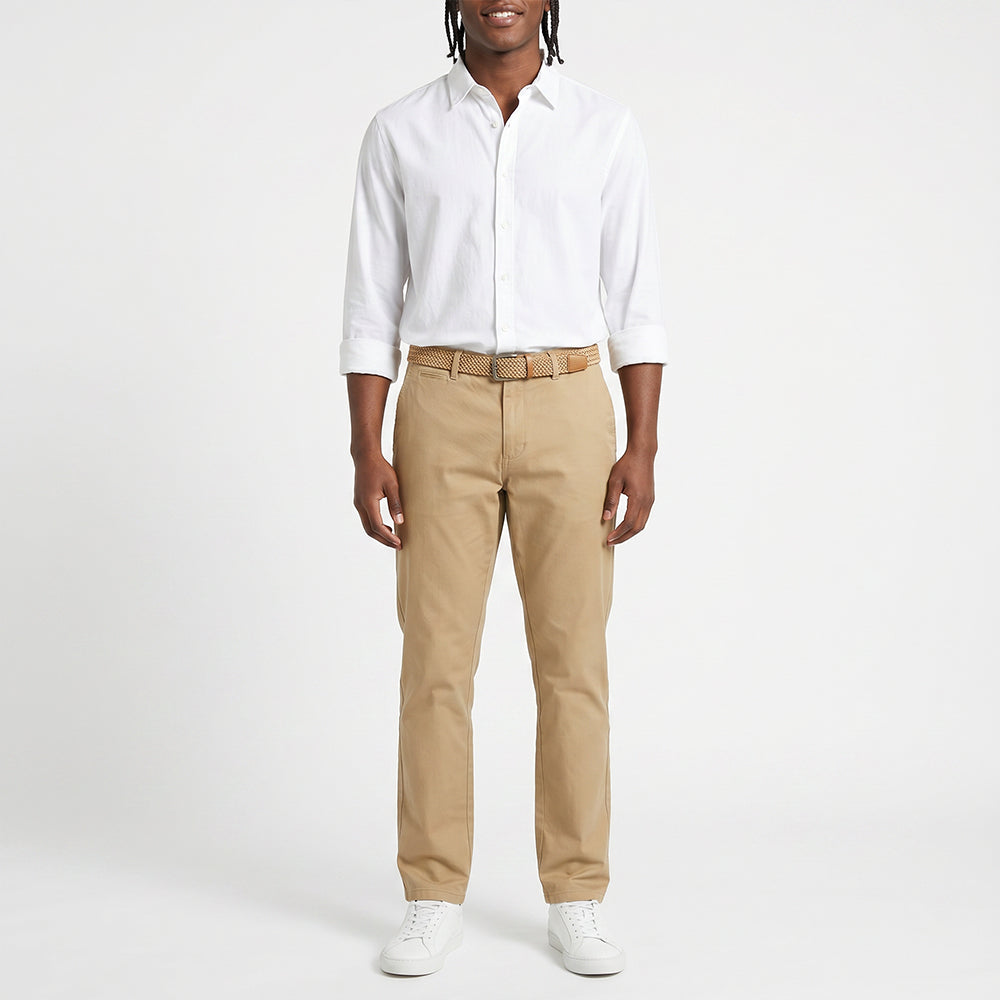 CAMEL REGULAR FIT PANTS WITH BELT AND INGOT DETAIL