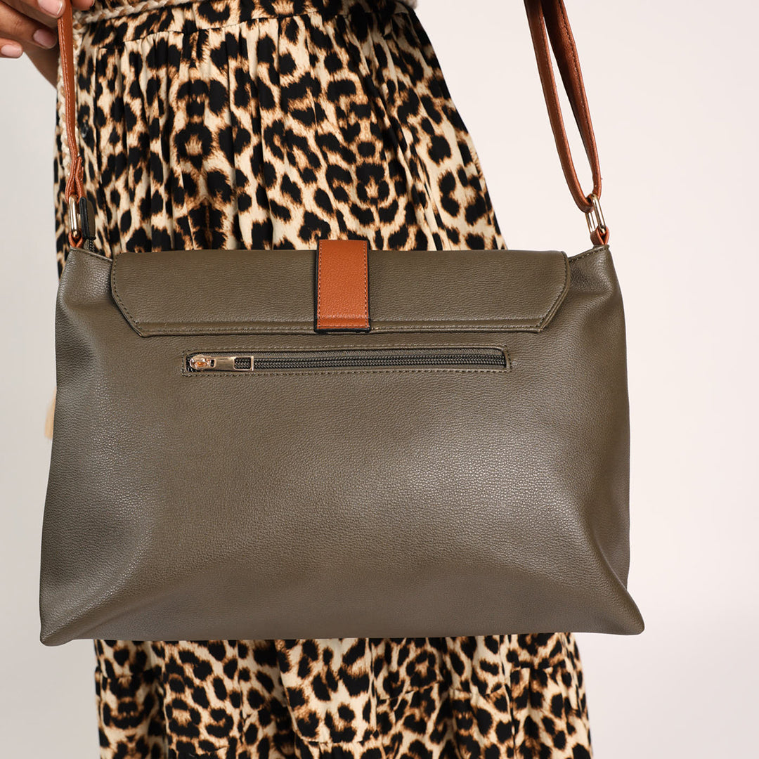Fatigue And Tan Flap Handbag.