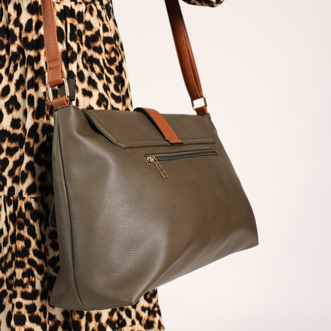 Fatigue And Tan Flap Handbag.