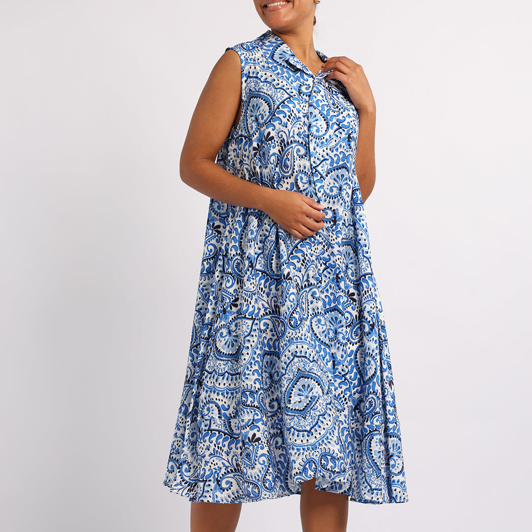 Blue Printed Flare Dress