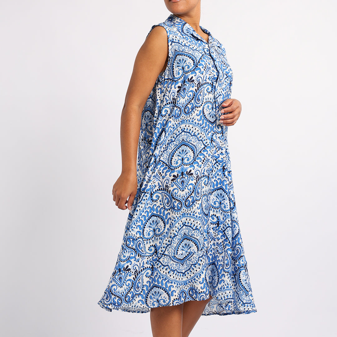 Blue Printed Flare Dress