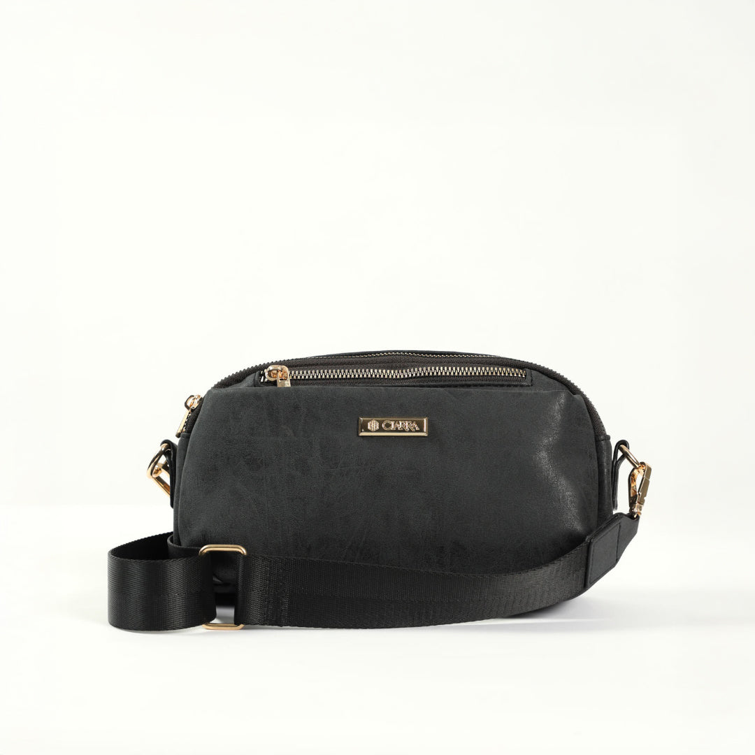 Ciarra Black Suede Crossbody Bag.Multi Compartment.