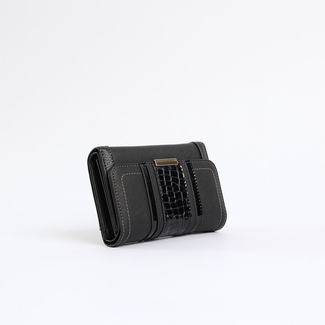 Ciarra Black Flap Wallet.Croc And Crosshatch Blocking.