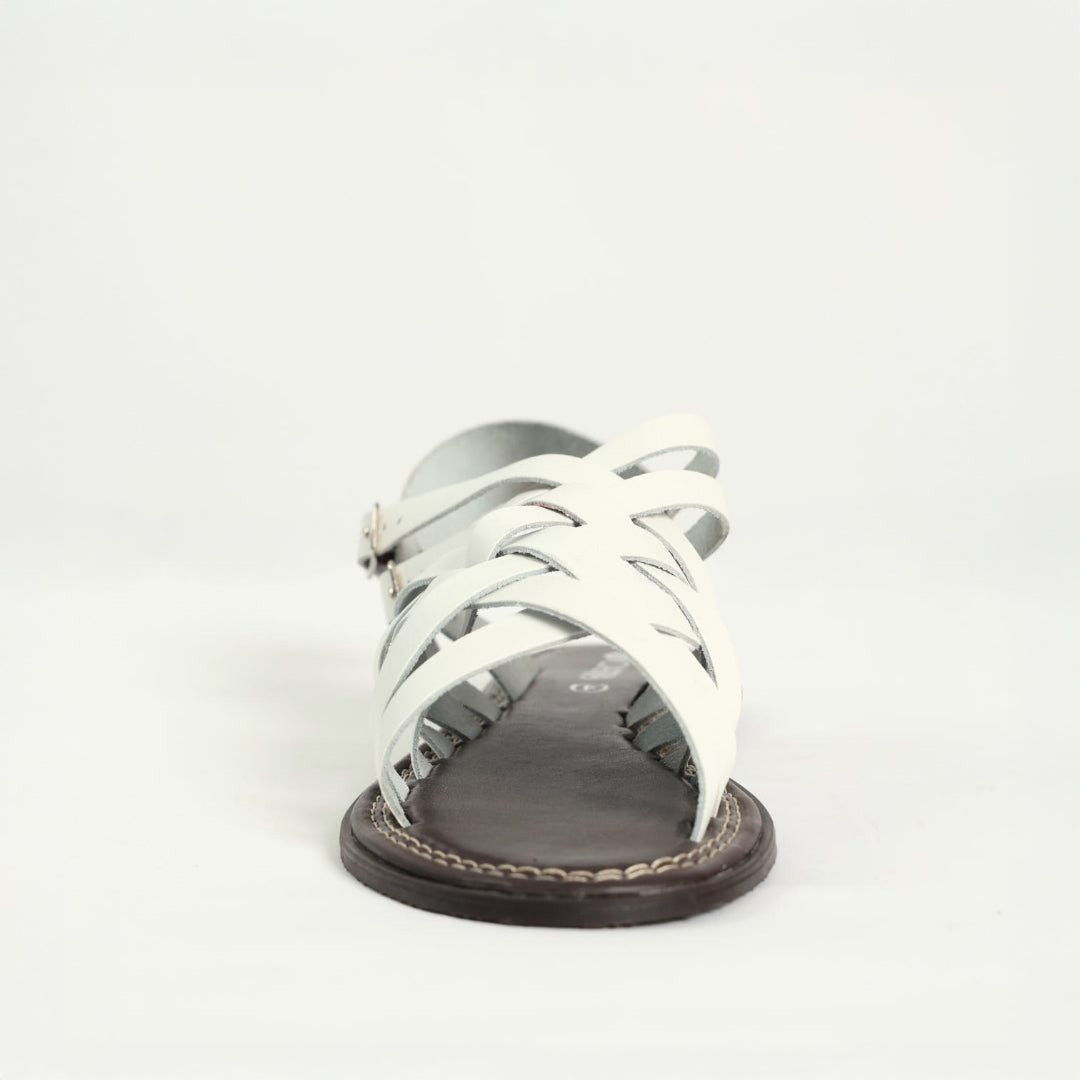Criss Cross Leather Strappy Sandal.Double Buckle Detail.