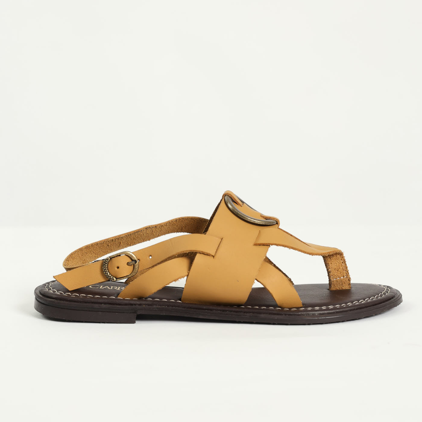Thong leather Strappy Sandal.Antique Gold Circle Trim.