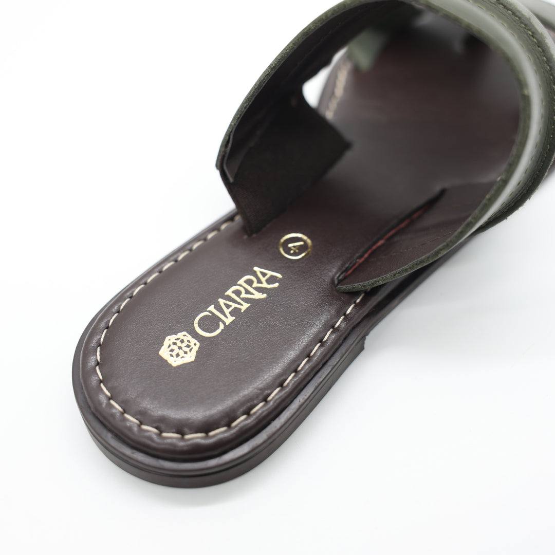 Leather Toe Push In Sandal.Raw Stitch Detail.