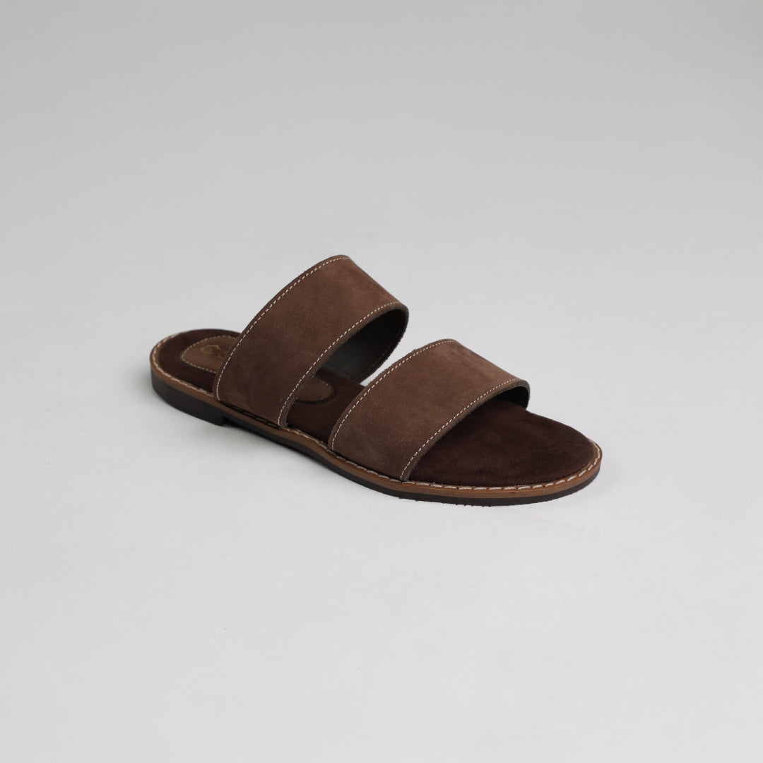 Suede Double Push In Leather Sandal.Randed Outsole.