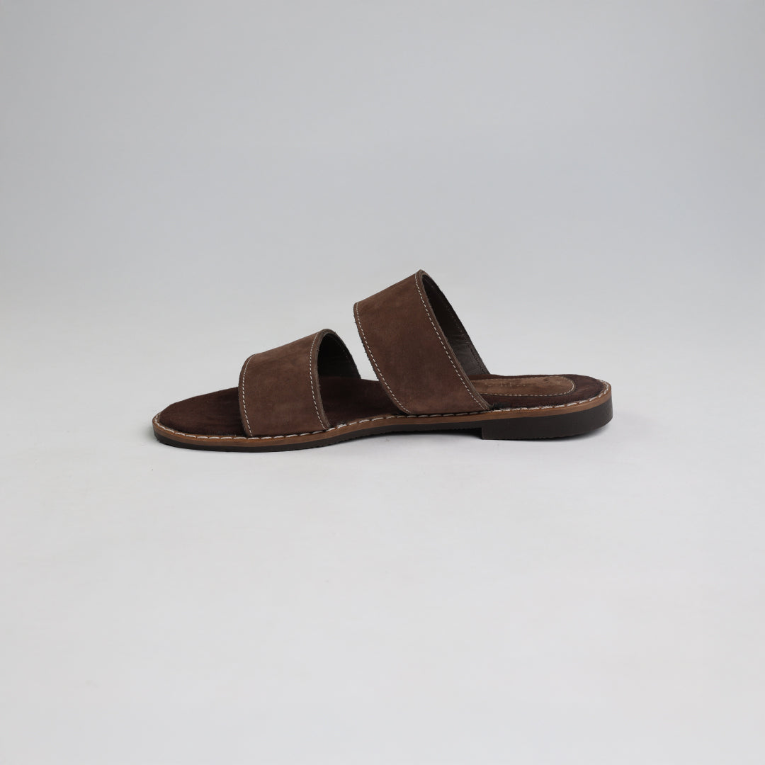 Suede Double Push In Leather Sandal.Randed Outsole.