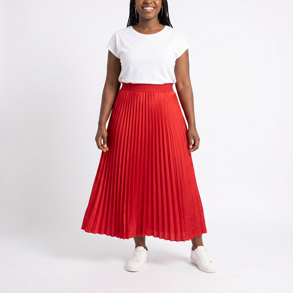 RED SATIN PLEATED SKIRT