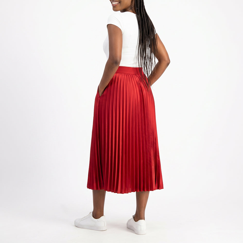 RED SATIN PLEATED SKIRT