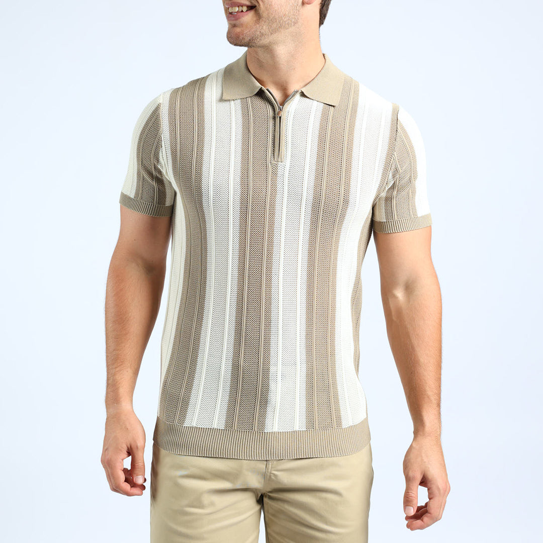MENS ZAFF BEIGE/CREAM STRIPE POLO