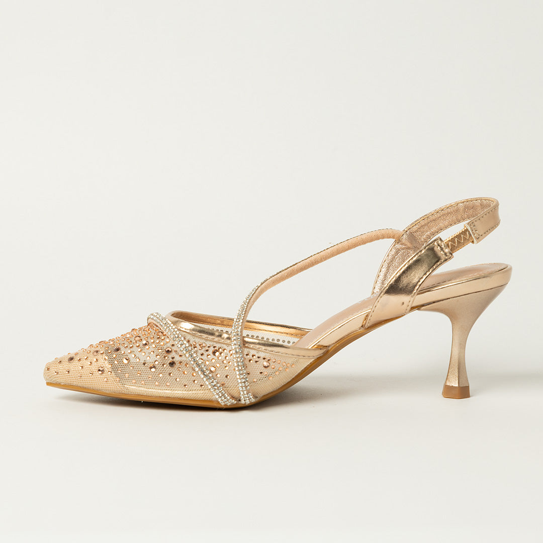 Mesh Kitten Heel Shoe.Diamante Detail.