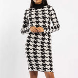 BLACK/WHITE LONG SLEEVE TURTLENECK DRESS