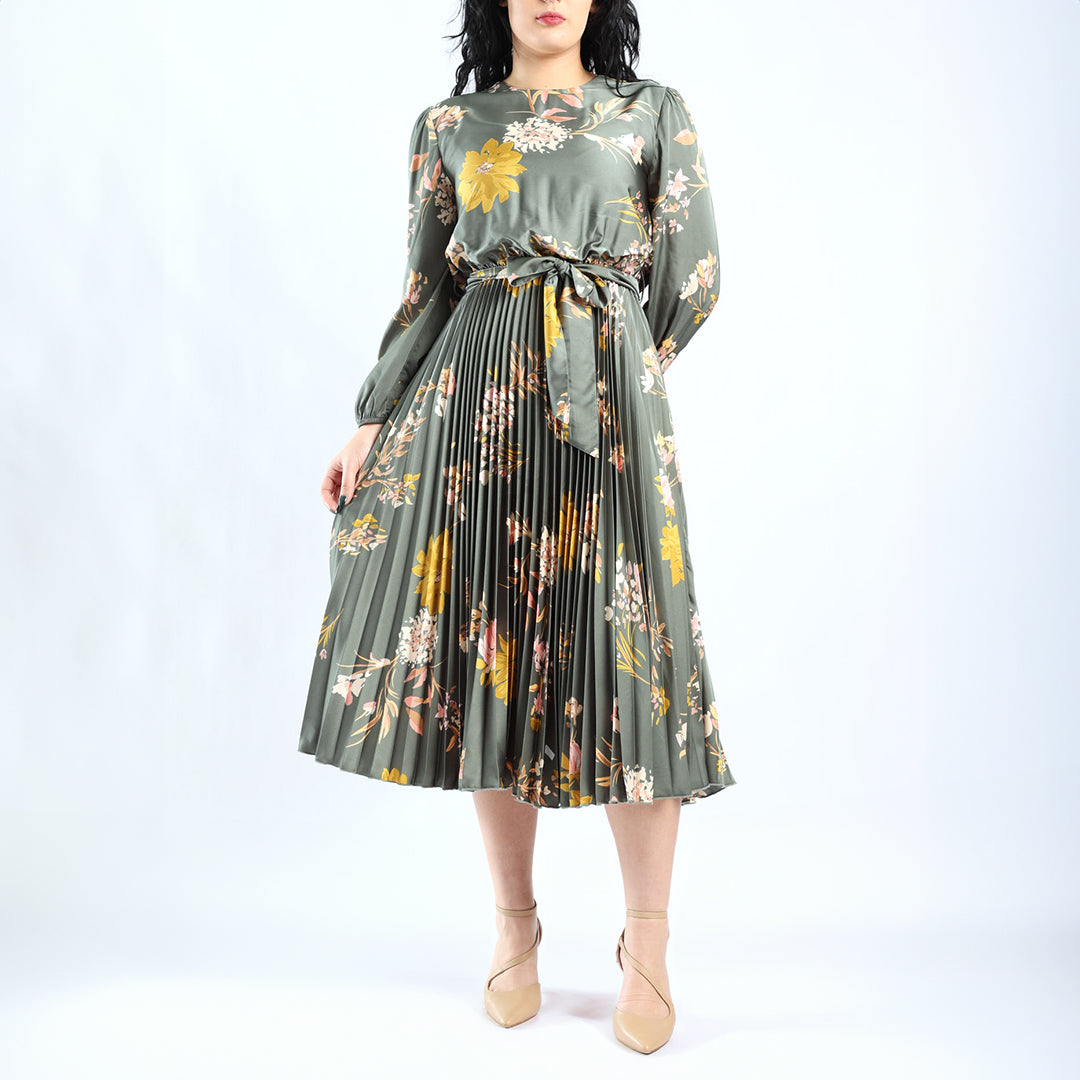 LADIES CIARRA SAGE PRINTED BALOON BODICE FLARED DRESS