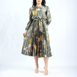 LADIES SAGE PRINTED BALOON BODICE FLARED DRESS