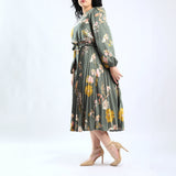 LADIES SAGE PRINTED BALOON BODICE FLARED DRESS