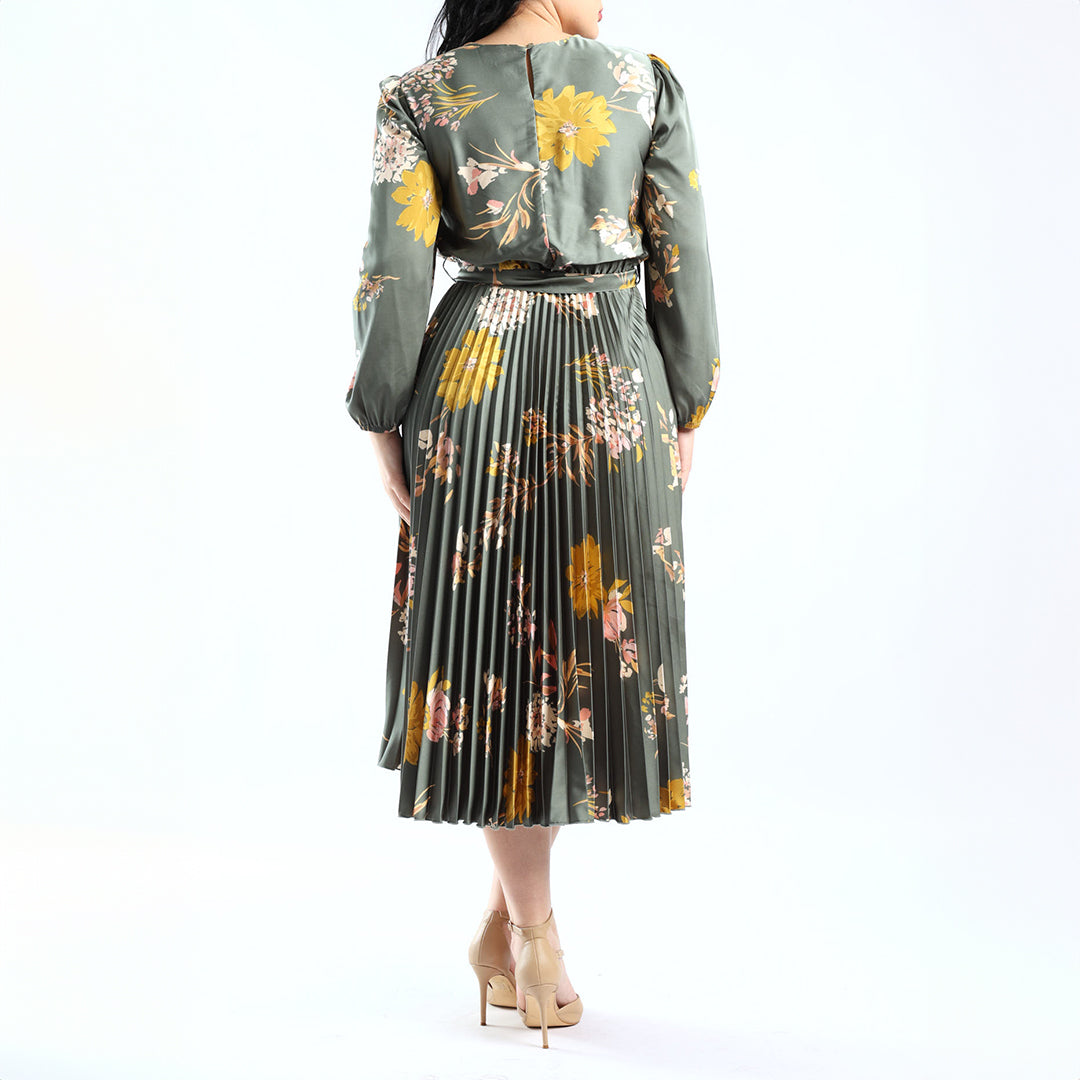 LADIES CIARRA SAGE PRINTED BALOON BODICE FLARED DRESS