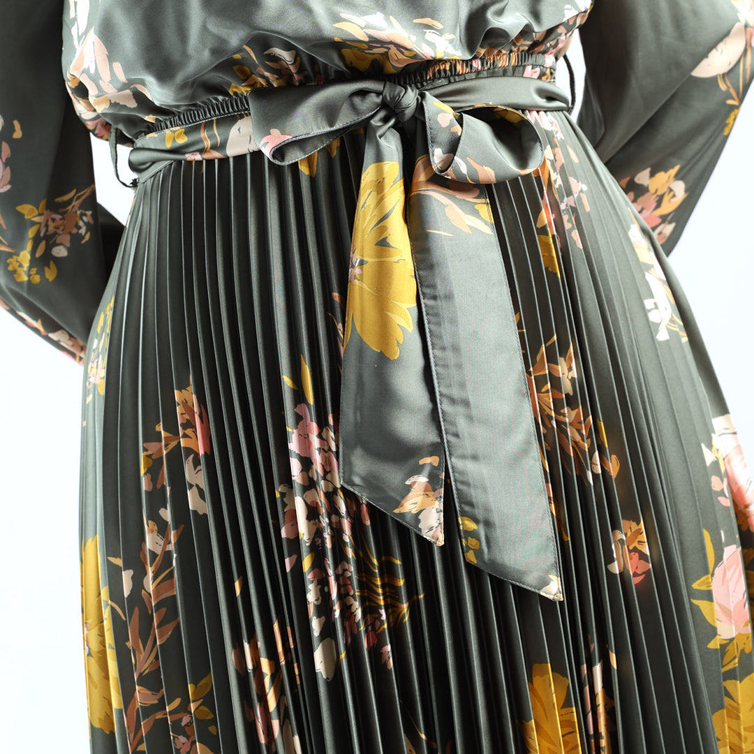 LADIES CIARRA SAGE PRINTED BALOON BODICE FLARED DRESS