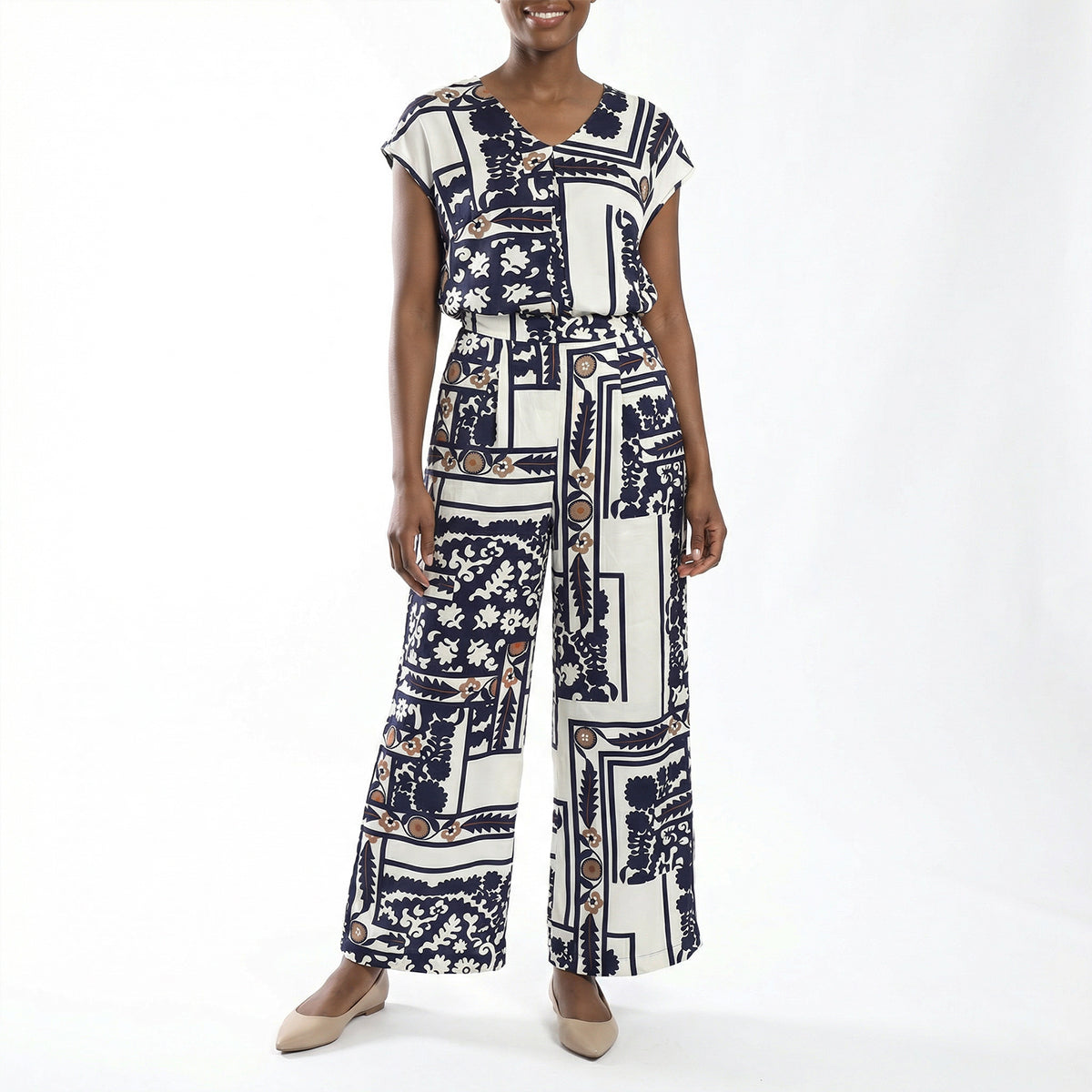 LADIES CIARRA NAVY PRINTED WIDE LEG PANTS