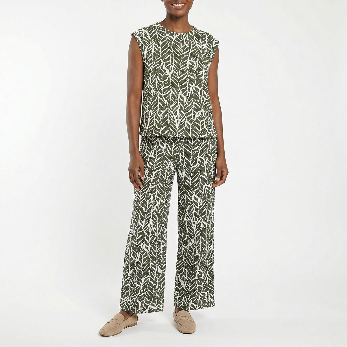 LADIES CIARRA OLIVE PRINTED WIDE LEG PANTS
