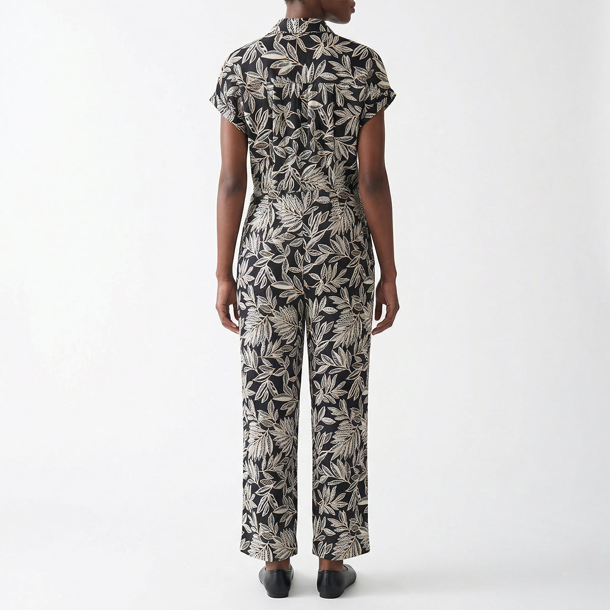 LADIES CIARRA BLACK LEAF PRINTED JUMPSUIT