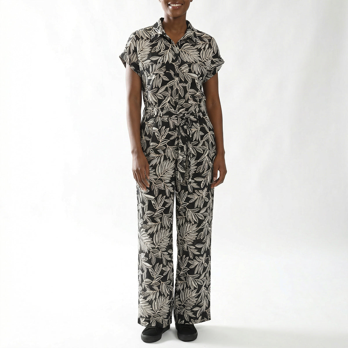 LADIES CIARRA BLACK LEAF PRINTED JUMPSUIT