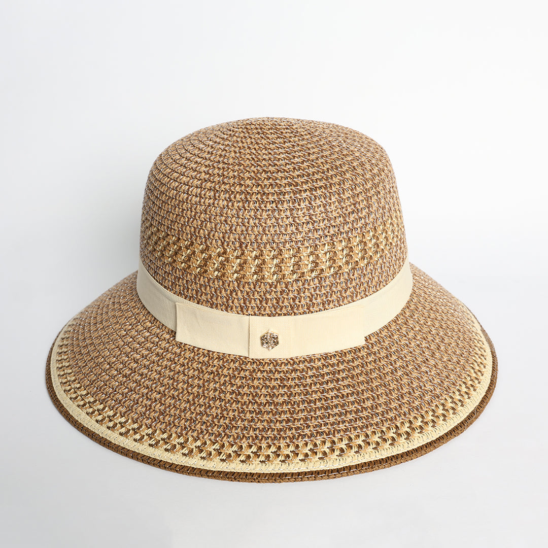 Downturn Straw Sun Hat.Ecru Ribbon Detail.