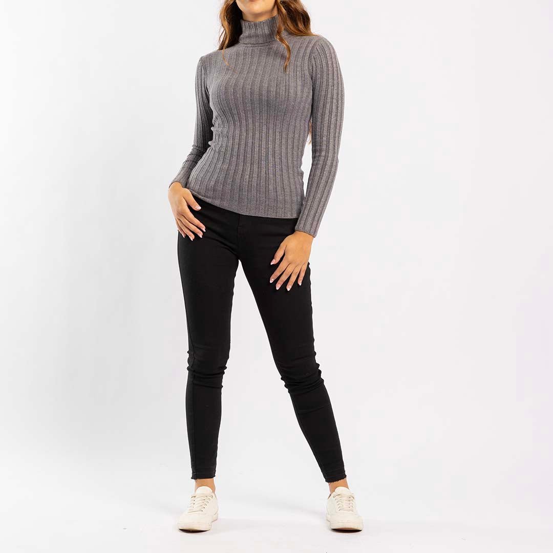 GREY RIBBED POLO NECK JERSEY