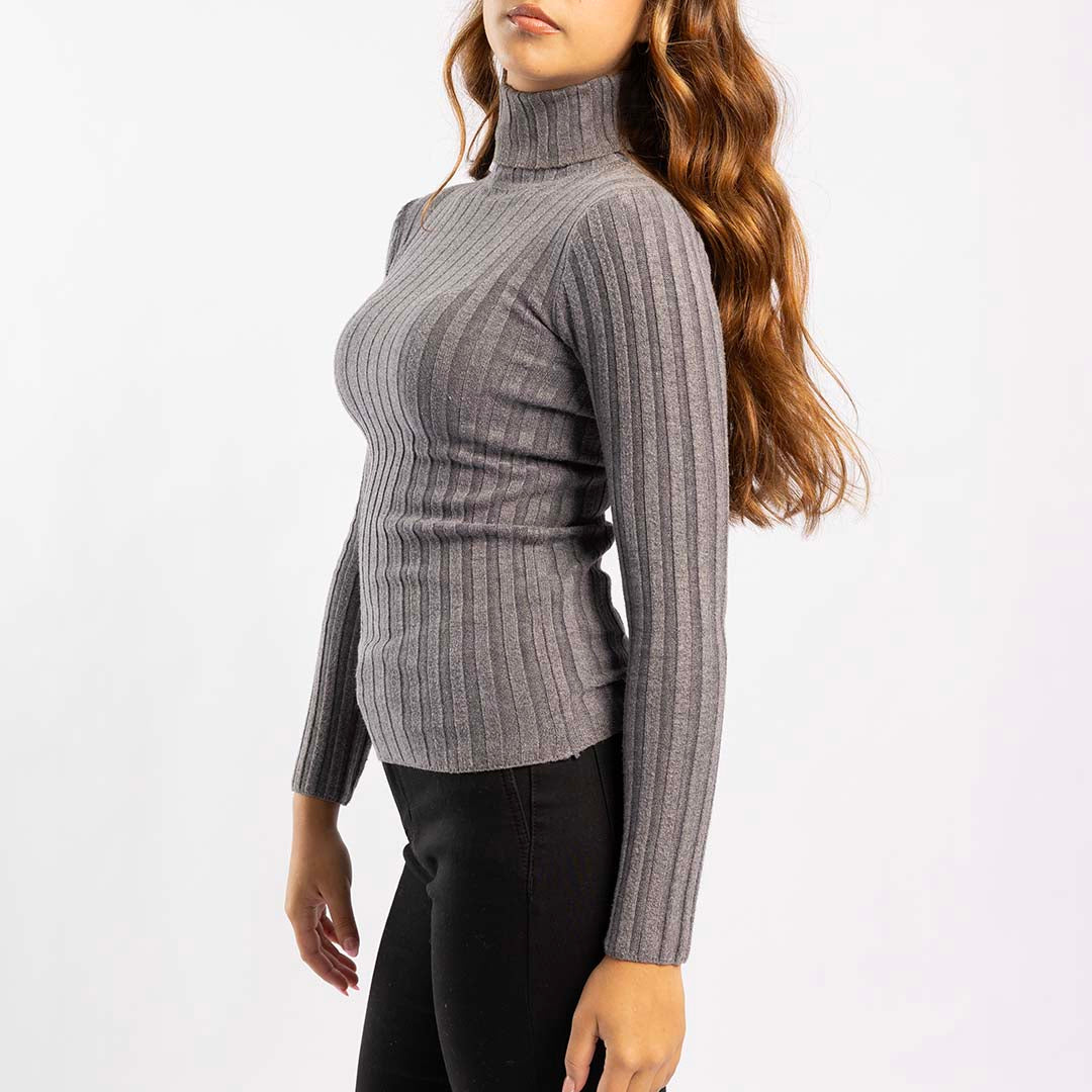 GREY RIBBED POLO NECK JERSEY
