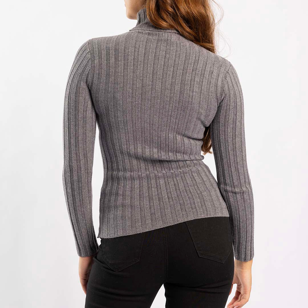 GREY RIBBED POLO NECK JERSEY
