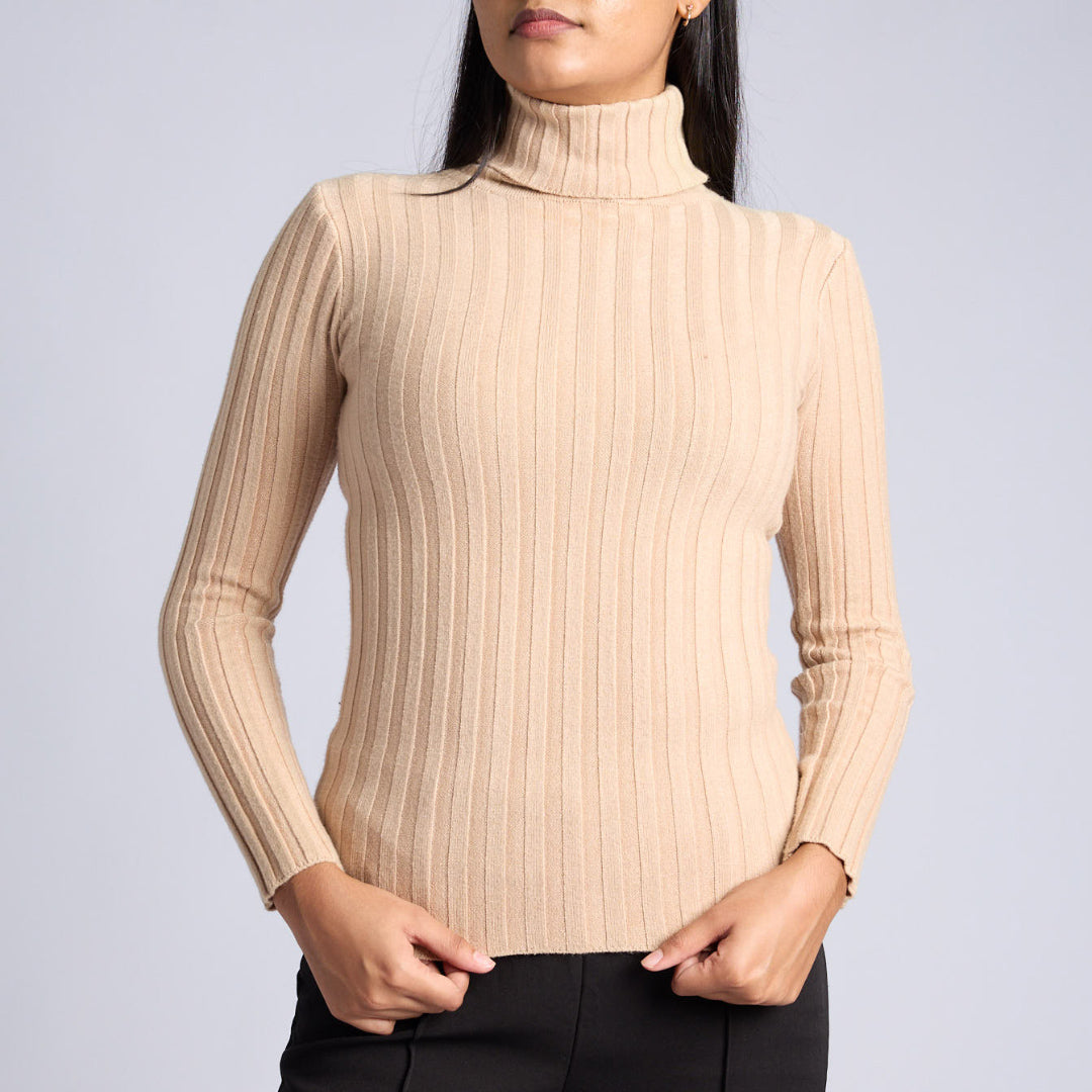 LADIES KHAKI RIBBED POLO NECK JERSEY