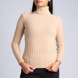 LADIES KHAKI RIBBED POLO NECK JERSEY