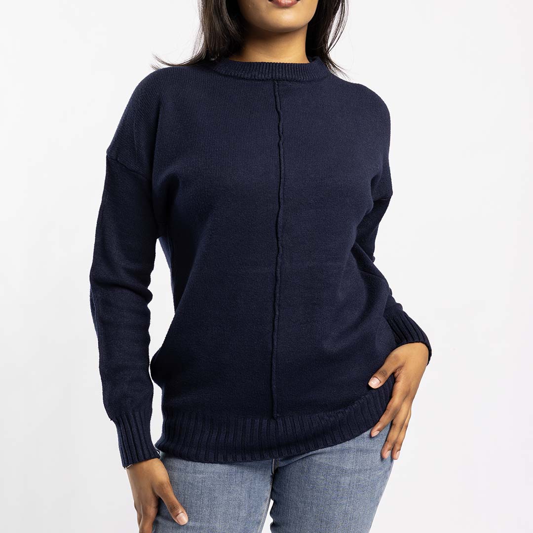 NAVY JERSEY WITH PIN TUCK DETAIL