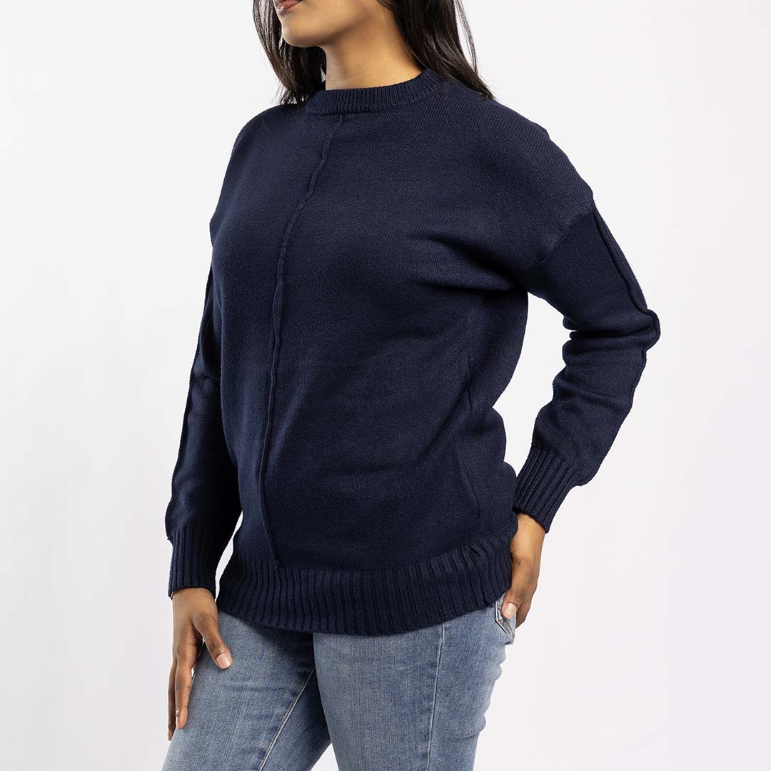 NAVY JERSEY WITH PIN TUCK DETAIL