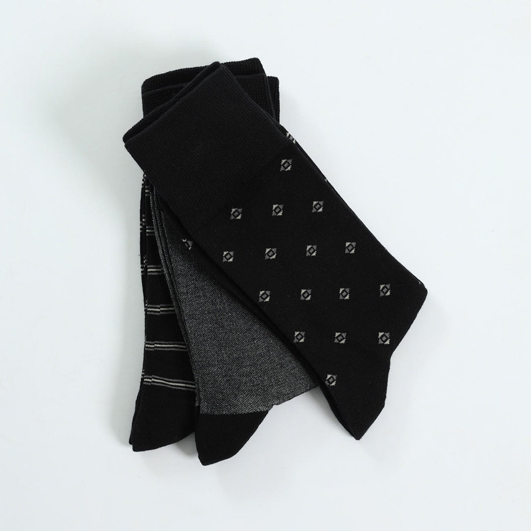 Black 3 Pack Long Socks.Diamond And Stripes.