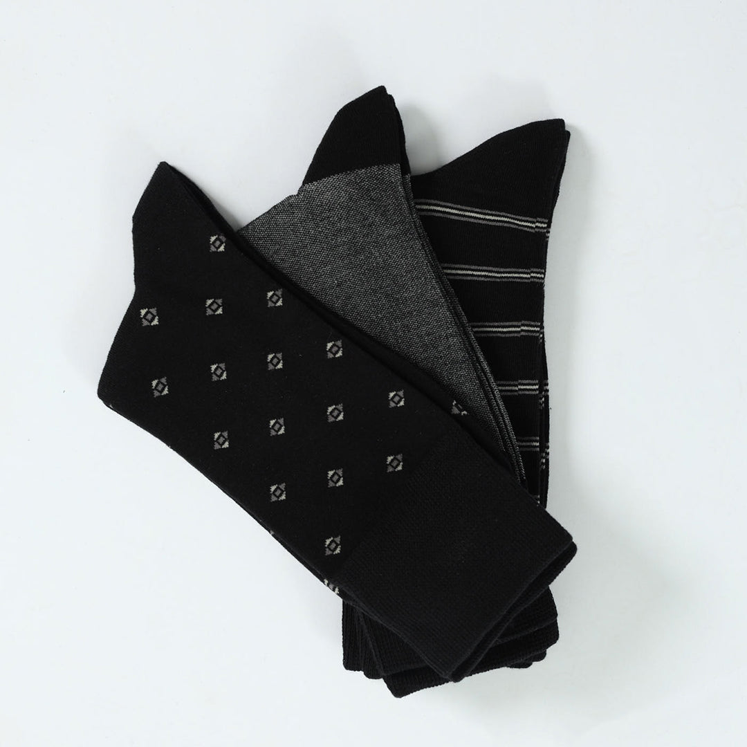 Black 3 Pack Long Socks.Diamond And Stripes.