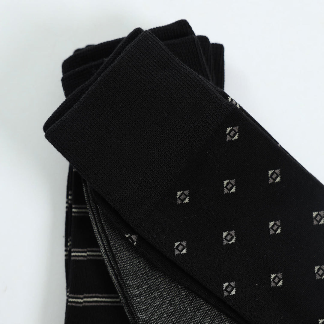 Black 3 Pack Long Socks.Diamond And Stripes.