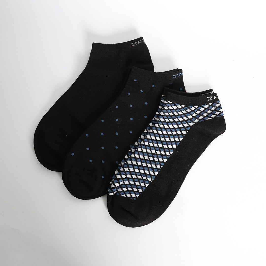 Black 3 Pack Trainer Liner Socks.Geometric And Polka Dot.
