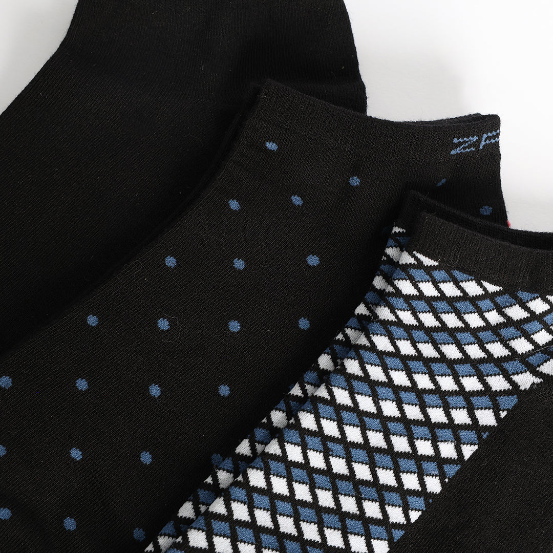 Black 3 Pack Trainer Liner Socks.Geometric And Polka Dot.