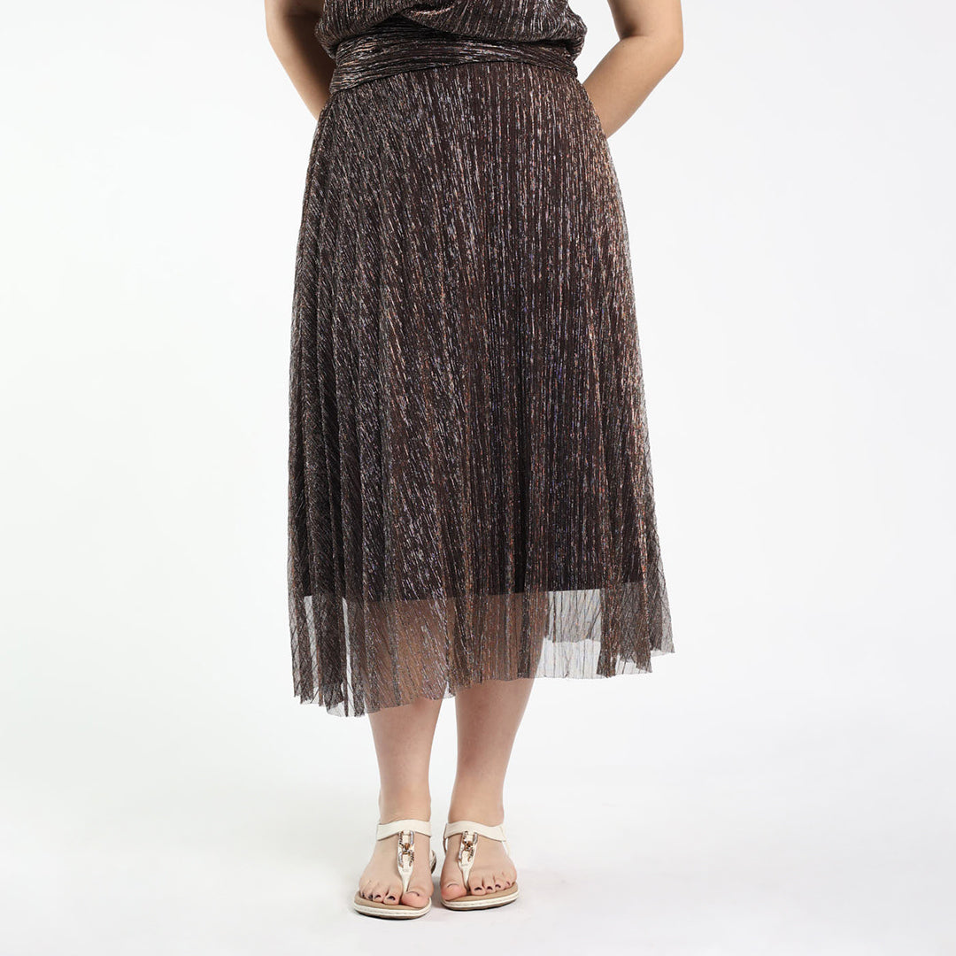 LADIES CIARRA CHOC LUREX PLESISE PLEATED SKIRT