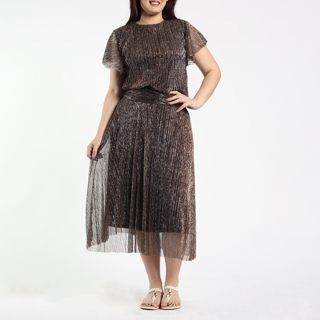 LADIES CIARRA CHOC LUREX PLESISE PLEATED TOP