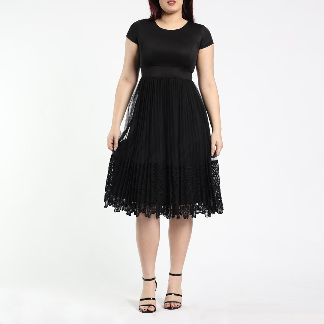 LADIES CIARRA BLK PLEATED LACE MESH SCUBA COMBO  DRESS