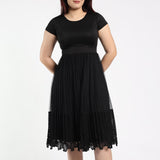 LADIES CIARRA BLK PLEATED LACE MESH SCUBA COMBO  DRESS