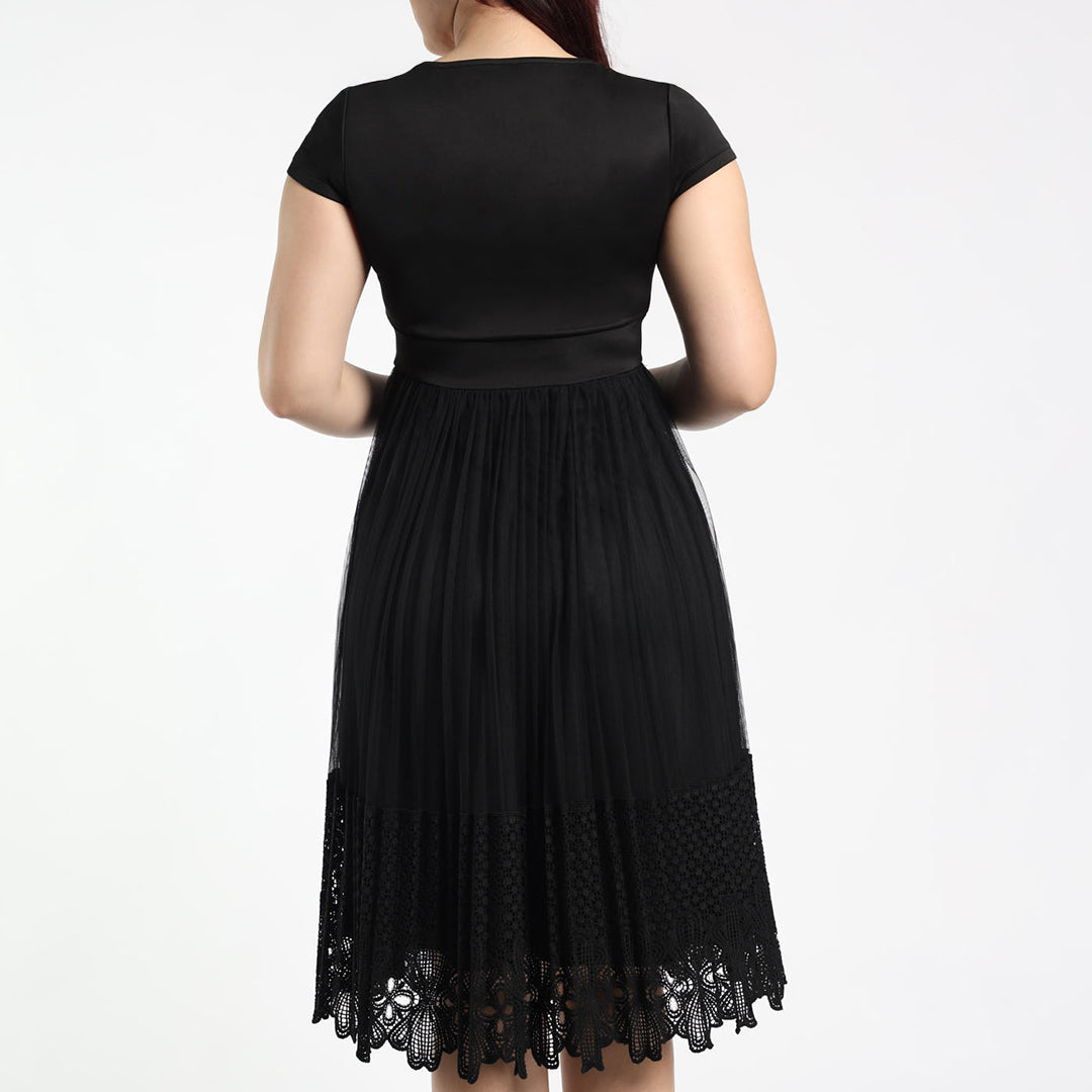LADIES CIARRA BLK PLEATED LACE MESH SCUBA COMBO  DRESS