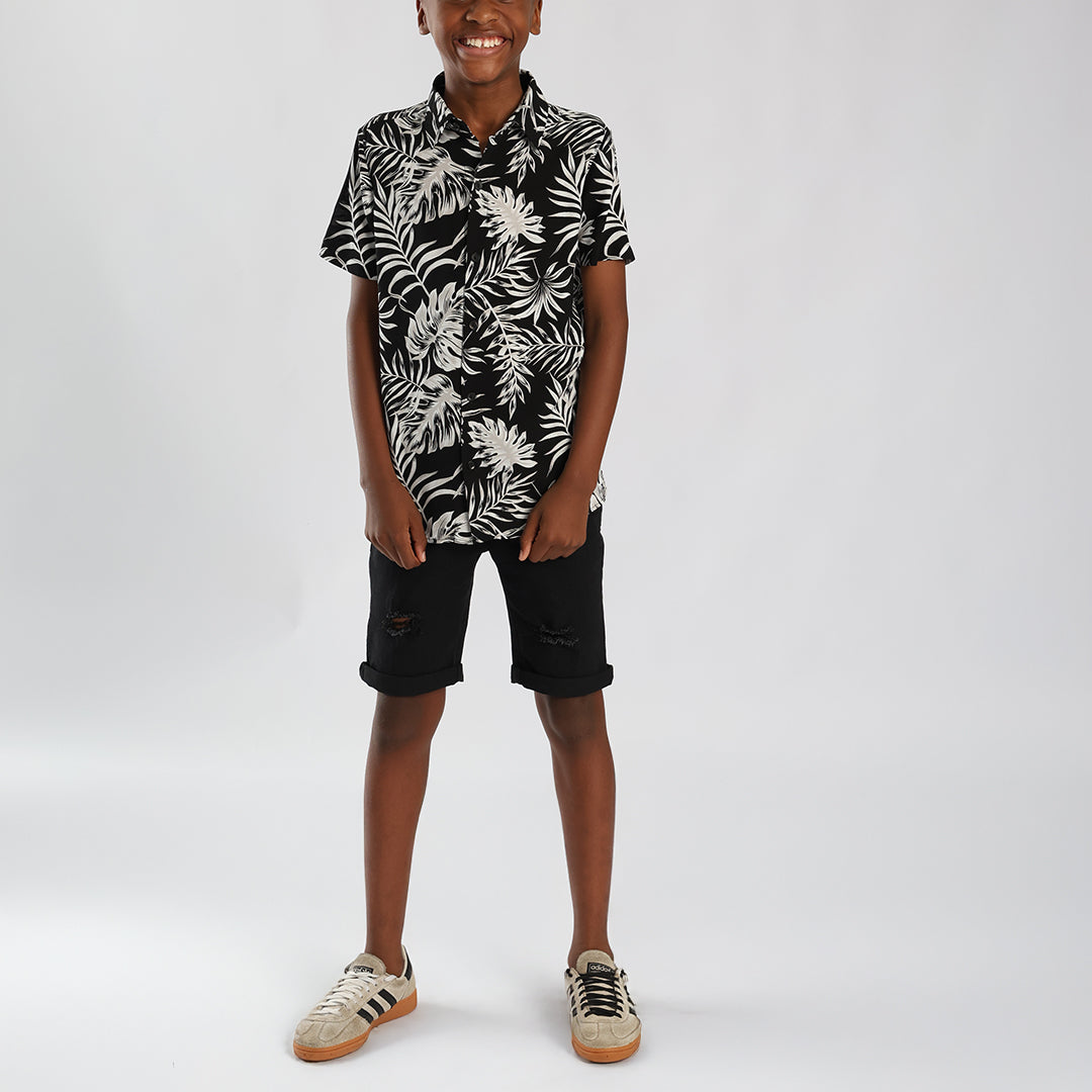 BOYS MODA BLACK FLORAL S/S VISCOSE SHIRT