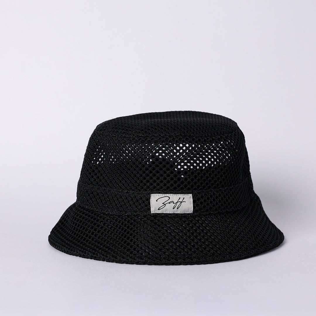 Netting Bucket Hat.Woven Badge Detail.