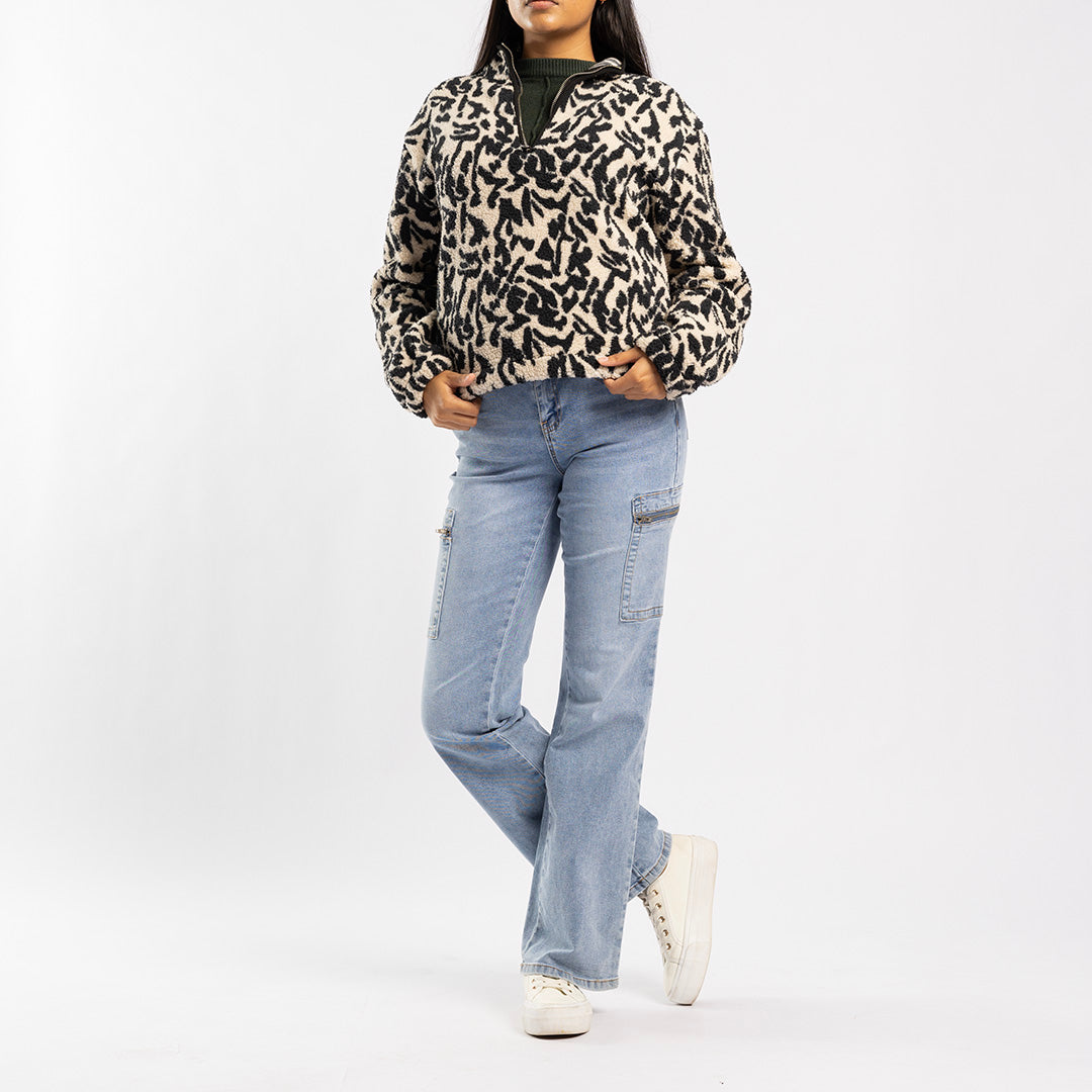 ANIMAL PRINTED SWEATER 3/4 ZIP