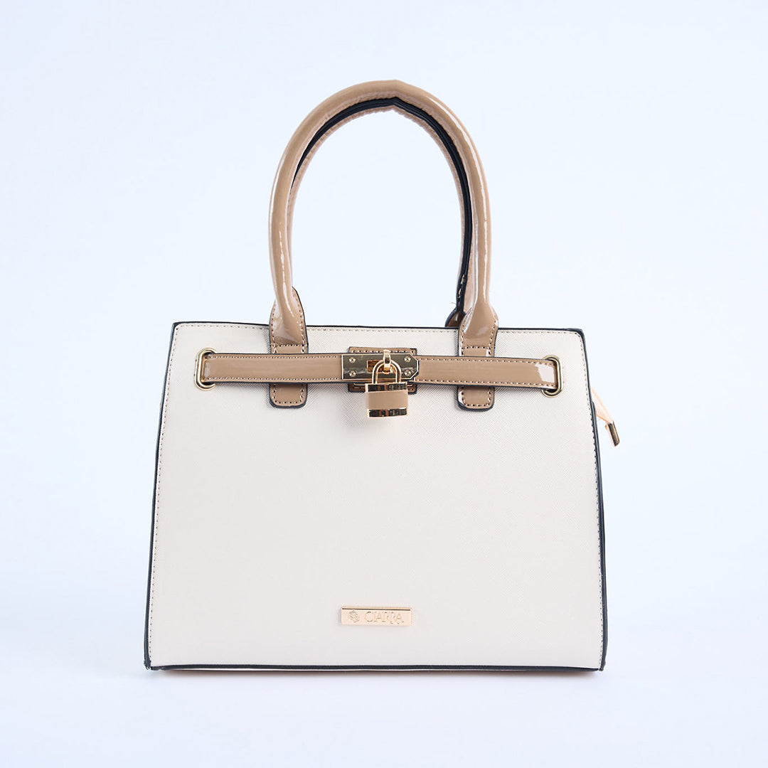 Crosshatch Handbag.Patent Belt Detail.