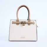 Crosshatch Handbag.Patent Belt Detail.